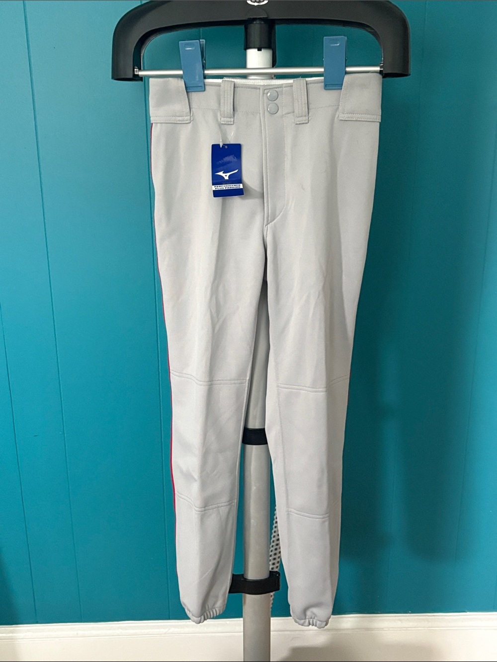 Mizuno Light Gray Jogger-Style Baseball Pants with Red Stripe